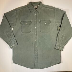 LL Bean Sz L Tall Heavyweight Cotton Shirt Green Workwear Chore Button Front